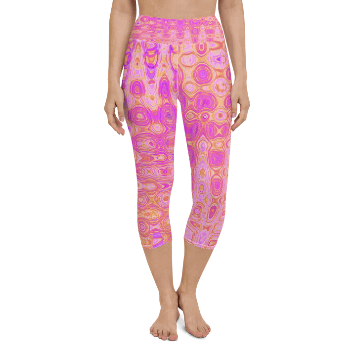 Cool Abstract Pink and Magenta Atomic Retro Zigzags Capri Yoga Leggings product image (2)