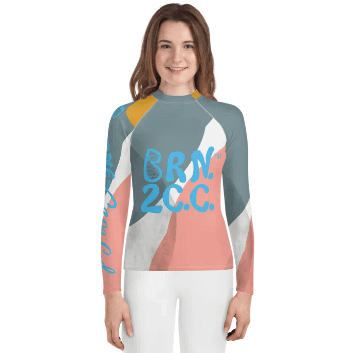 Girls' | YOUTH | Rash Guard | BRN.2C.C.™ Front Graphic | BOURNE to Cape Cod™ Sleeve & Back Logo | Coastal Swim Shirt for Kids | UV Protection Activewear | Blue Logo | Abstract Pastels product image (1)
