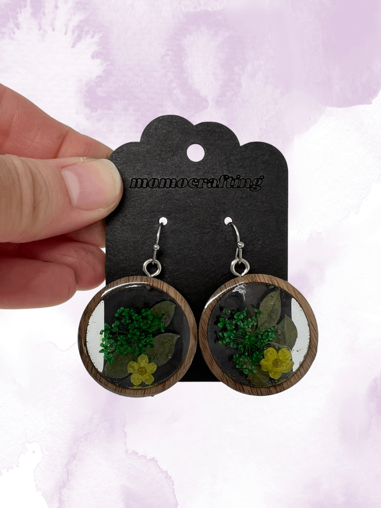 Yellow and Green Flower and Wood Window Earrings product image (1)