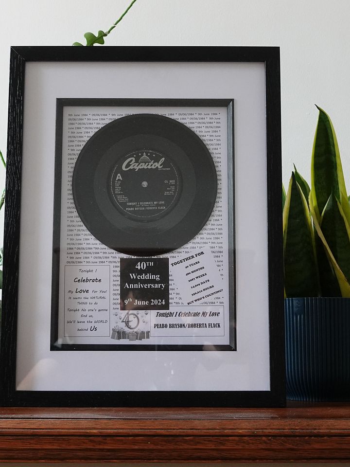 A Gorgeous Customizable Music and Anniversary Gift. Turn a wedding song dance into a beautiful vinyl record art print. Frame size 428x328mm. product image (1)