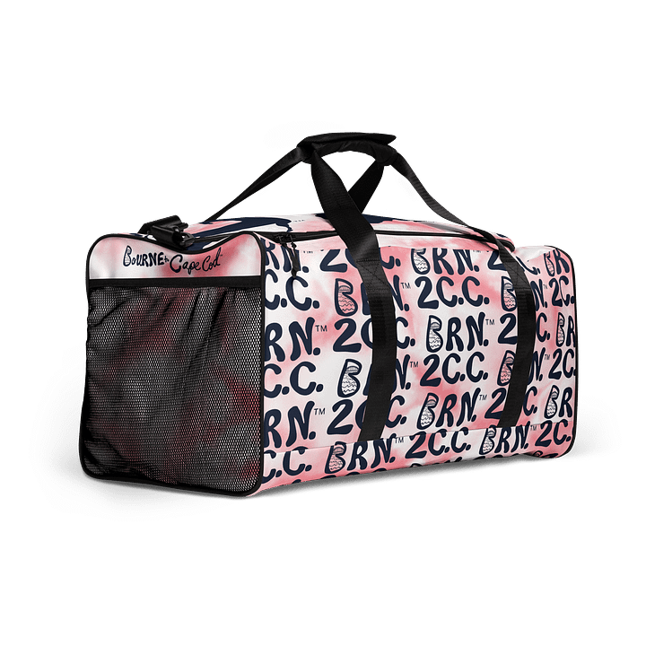 BOURNE to Cape Cod™ | Duffle Bag | BRN.2C.C.™ | Coastal Gym & Travel Gear | 22" All-Over Print Weekender | Navy Blue Logos on Pink Tie-Dye product image (2)