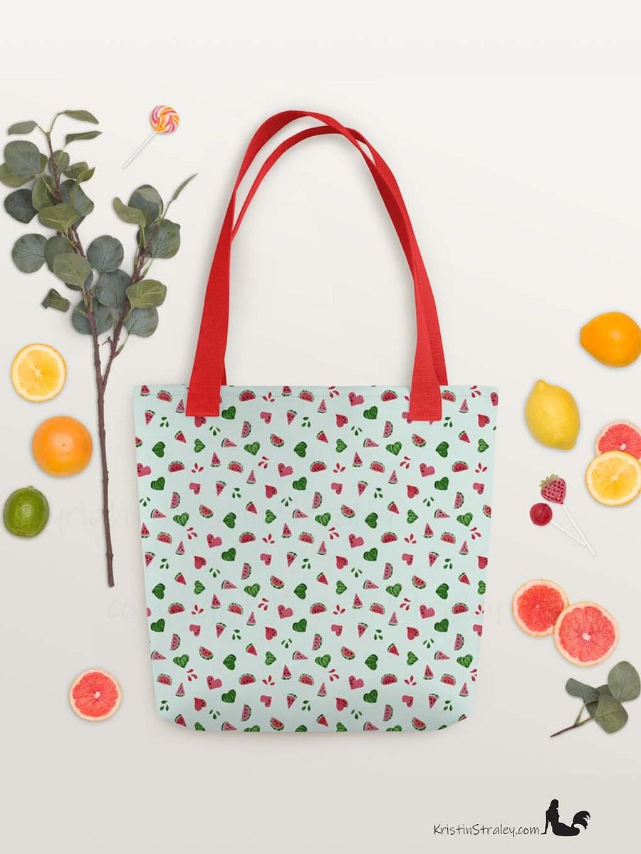 Tossed Watermelons and Hearts on Mint Reusable Tote Bag product image (8)