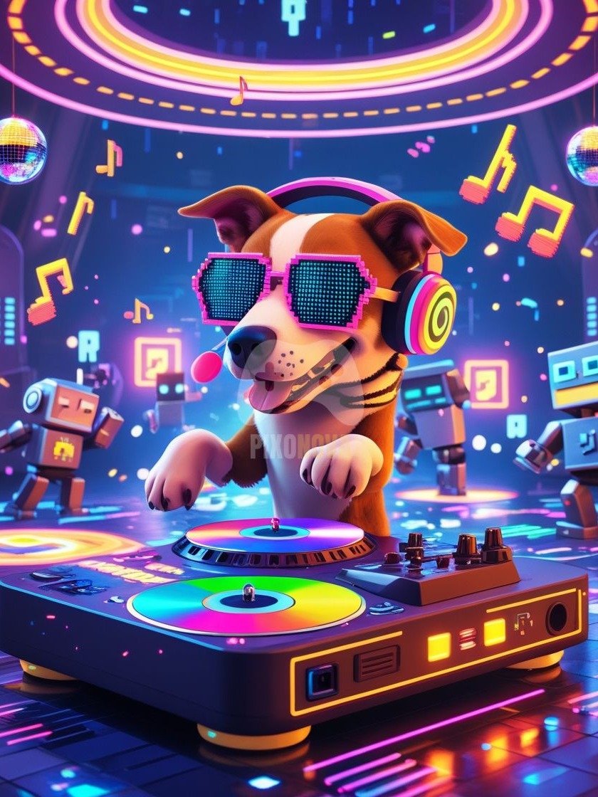 Pixel Party Parade – Track 7: Pixel Groove Machine (Dog Mascot Edition) | 1120x1120 px | 4 Variations | PNG + PDF product image (1)