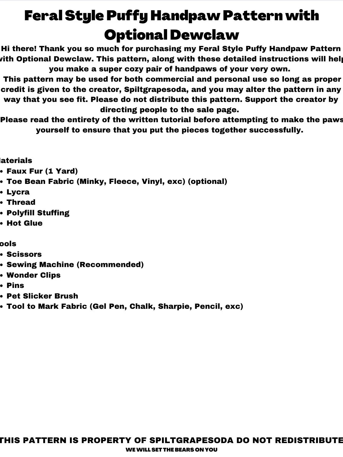 Feral Style Puffy Hand Paw Pattern with Optional Dewclaw [PDF DOWNLOAD] product image (2)