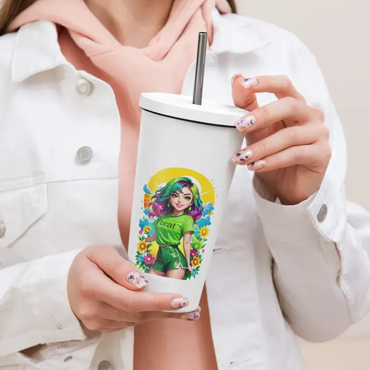 Brat 20 oz Tumbler Cup - White - Insulated Tumbler with a Straw v3 product image (2)