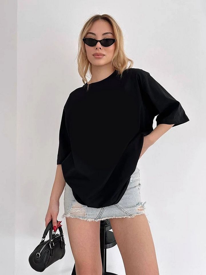 100% Cotton Oversized Solid Tees-Black product image (1)