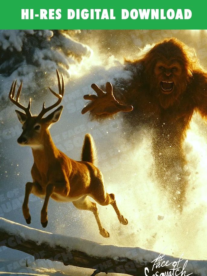 Red Devil Ambush – Bigfoot vs. Whitetail | Legendary Cryptid Encounter Art Print product image (2)