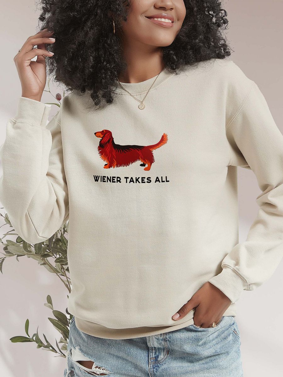 Wiener Takes All Sweatshirt (Embroidered) of a Longhaired Dachshund(Red & Tan) product image (2)
