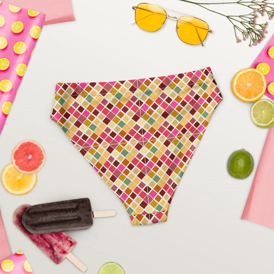 Colorful Square Pattern Design High Waist Bikini Bottom - V5 product image (5)