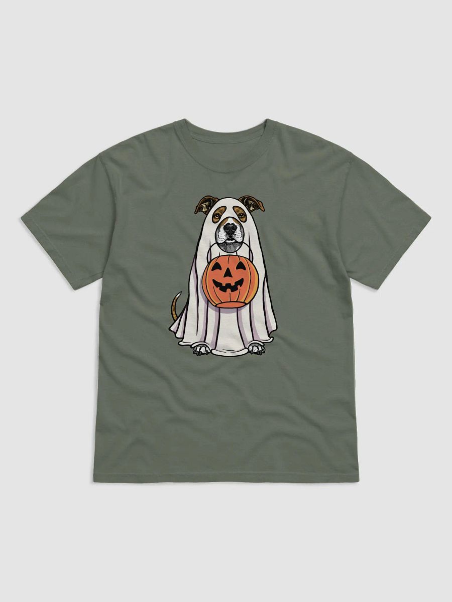 Funny Halloween Pitbull Terrier(Brindle) T-Shirt | Funny Pittie Wearing a Ghost Costume and Holding a Pumpkin Basket product image (12)