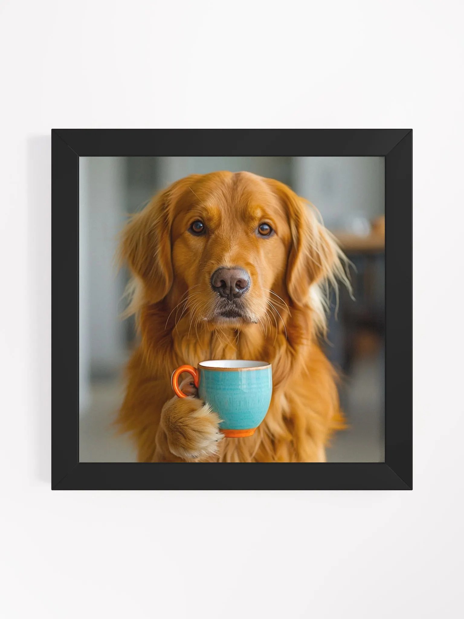 Cute Coffee Lover Golden Retriever Dog Framed Wall Art product image (1)