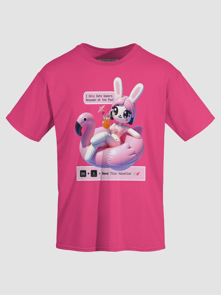Flirty Bunny Gamer T-Shirt – Funny Poolside Geek Tee with Flamingo Float & Cocktail | Nerd Summer Vibes product image (9)