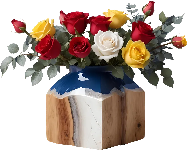 Romantic Harmony – Geometric Wooden Vase with Roses PNG product image (1)