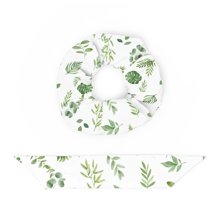 Green leaves pattern on white background Scrunchie with bow product image (7)