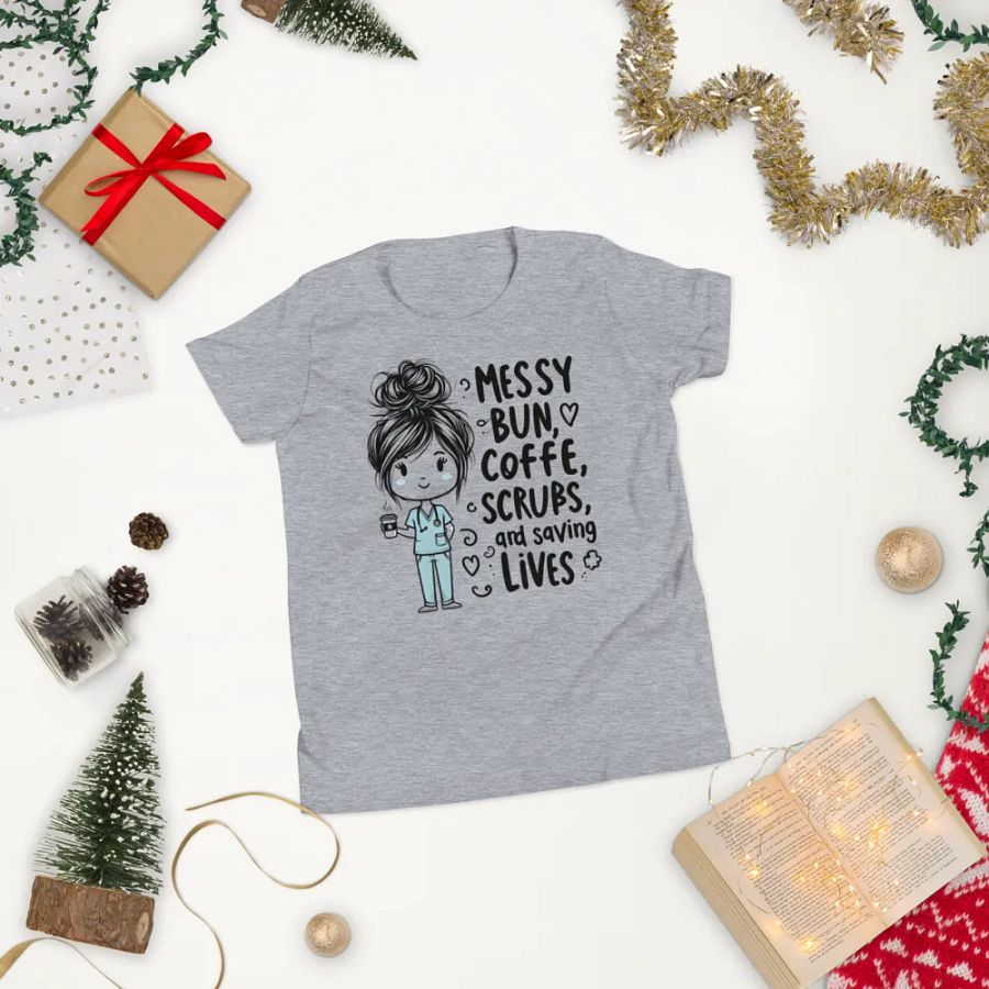 Messy Bun, Coffee, Scrubs, and Saving Lives Youth T-Shirt product image (65)