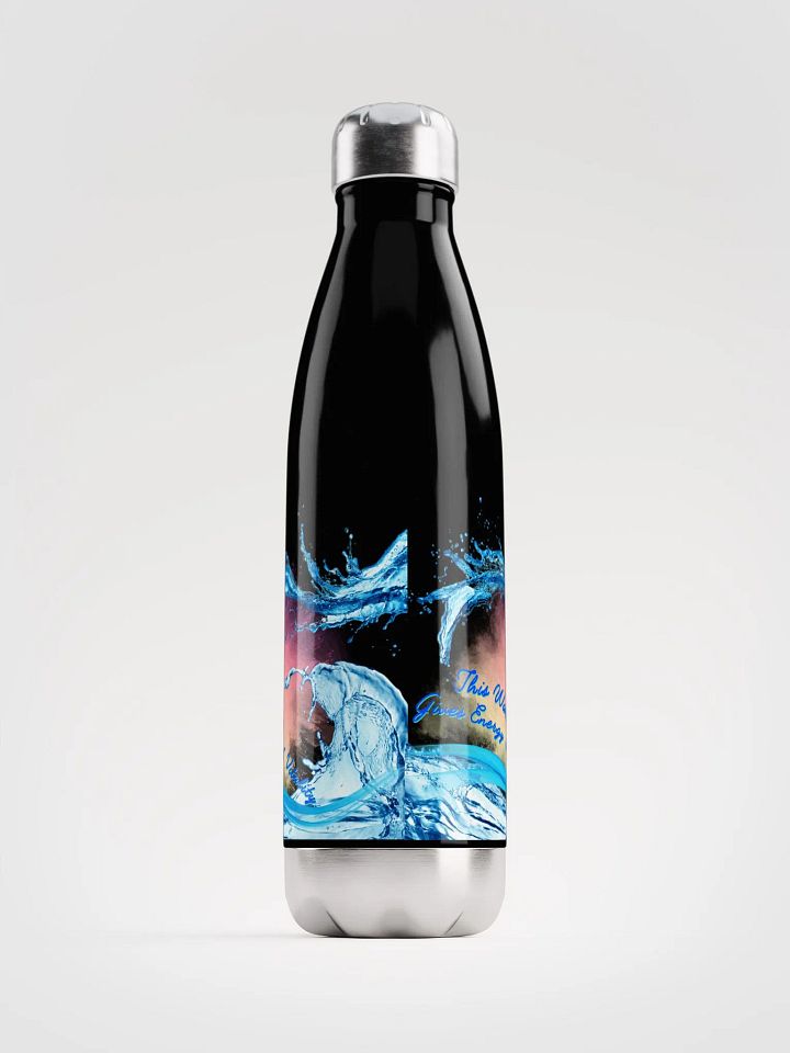 Stainless Steal waterbottle with beautiful swirly blue water drops  featuring ' This water gives energy and vitality