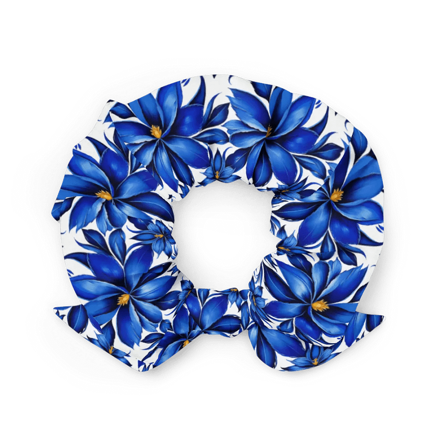 Hair Scrunchie - Painted Blue Flowers on White product image (3)