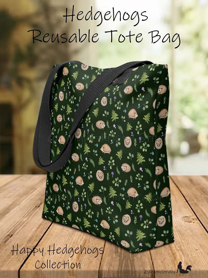 Hedgehogs with Ferns and Mushrooms on Dark Green Tote Bag product image (1)