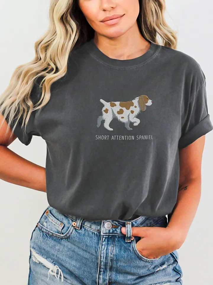 Short Attention Spaniel T-Shirt(Embroidered) of a Cocker Spaniel(White & Tan) product image (2)