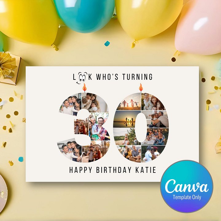 30th Birthday Number Photo Card Canva Template product image (1)