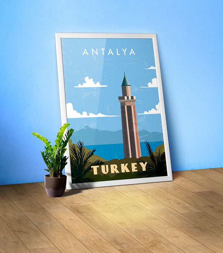 Antalya, Turkey — Retro travel minimalist poster, retro travel art, retro travel wall art, vector art product image (1)