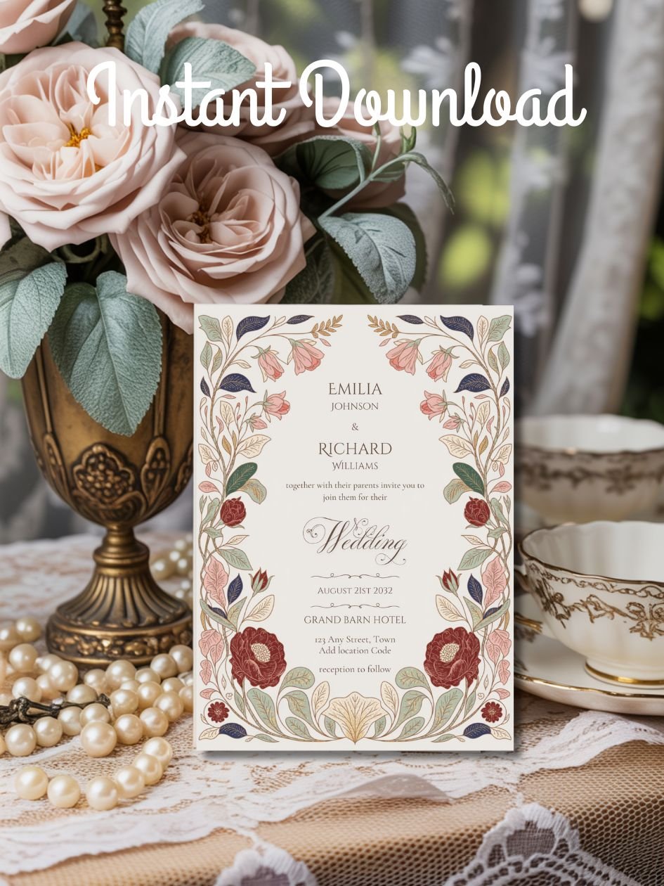 Editable Vintage Wedding Invitations | Edit in Canva | Instant Download Template | William Morris Inspired Floral product image (2)