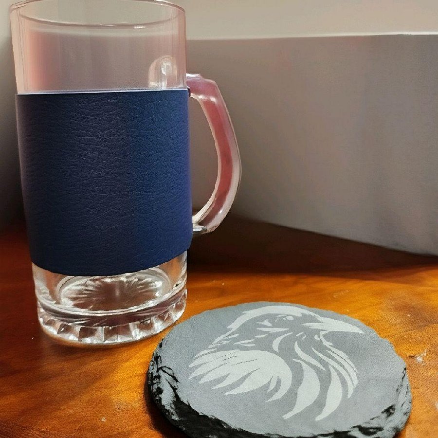 Sinister Cleanse Limited Edition Beer Mug with Navy Blue Leather & Hand Etched Coaster Set - Premium Glass 16oz Mug & Authentic Slate Coasters product image (1)