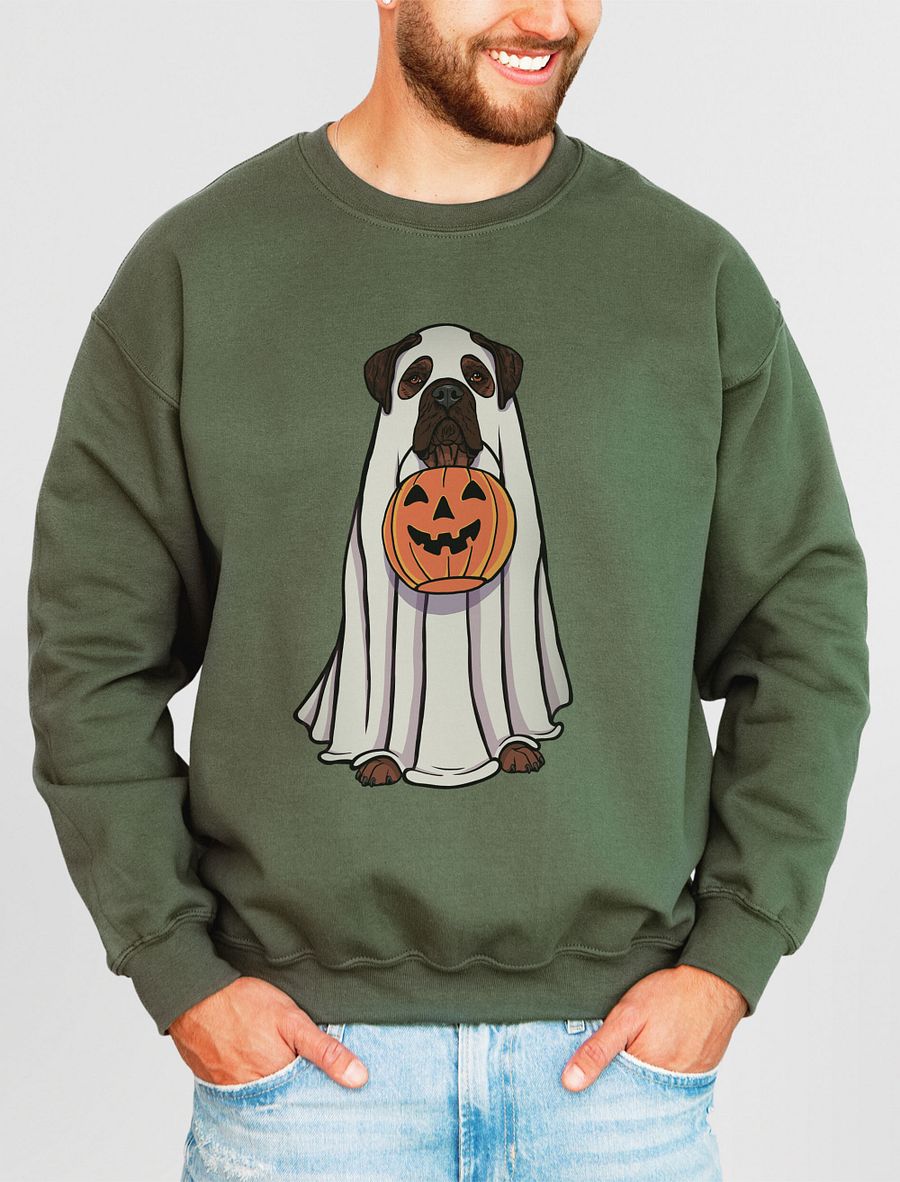 Funny Halloween Bullmastiff(Brindle) Sweatshirt | Funny Bullmastiff Wearing a Ghost Costume and Holding a Pumpkin Basket product image (11)