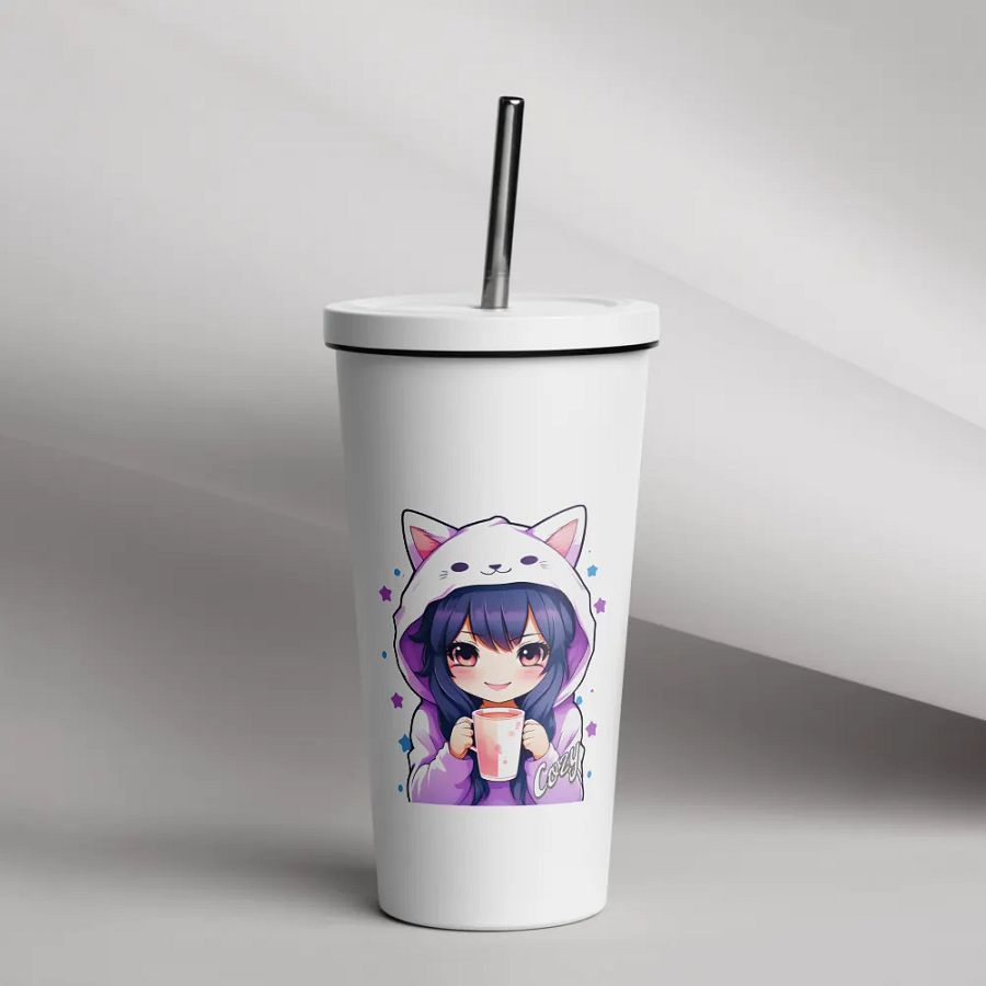 Cozy Kawaii Anime Girl 20 oz Tumbler Cup - White - Insulated Tumbler with a Straw product image (12)