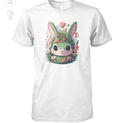 Blossoming Rabbit Serenity - The image portrays a whimsical blend of flora and fauna, featuring a rabbit whose body blossoms ...