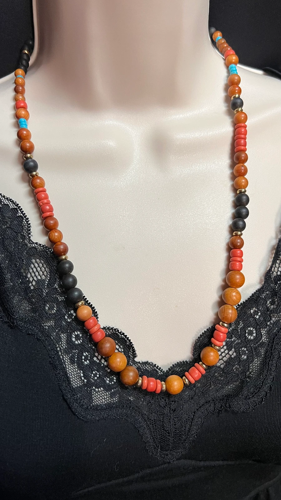 Necklace - Ebony, Sandalwood, Imitation Turquoise, and Handmade Ukrainian Clay Beads product image (1)