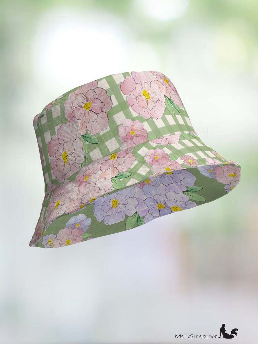 Pink Flowers on Gingham and Green Reversible Bucket Hat product image (7)