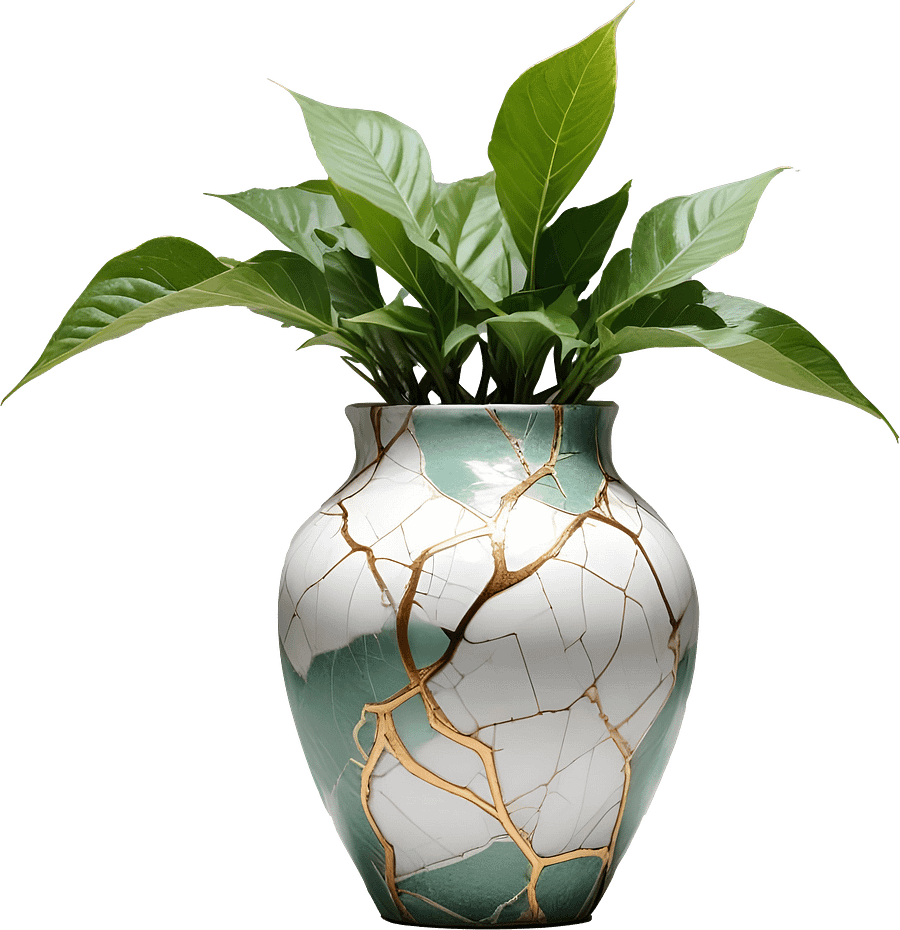 Kintsugi Serenity – Green and White Planter with Golden Cracks PNG product image (1)