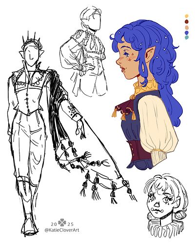 Since I don’t usually post unfinished stuff here’s some sketches! 
The first one is some outfit studies and doodles while the...