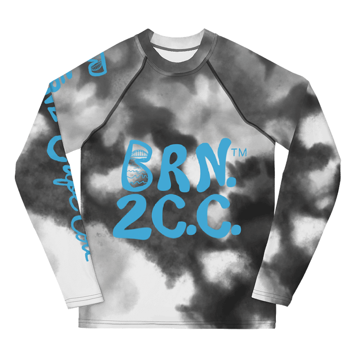 YOUTH | Rash Guard | BRN.2C.C.™ Front Graphic | BOURNE to Cape Cod™ Sleeve & Back Logo | Coastal Swim Shirt for Kids | UV Protection Activewear | Blue Logo on Dark Grey Tie-Dye product image (1)