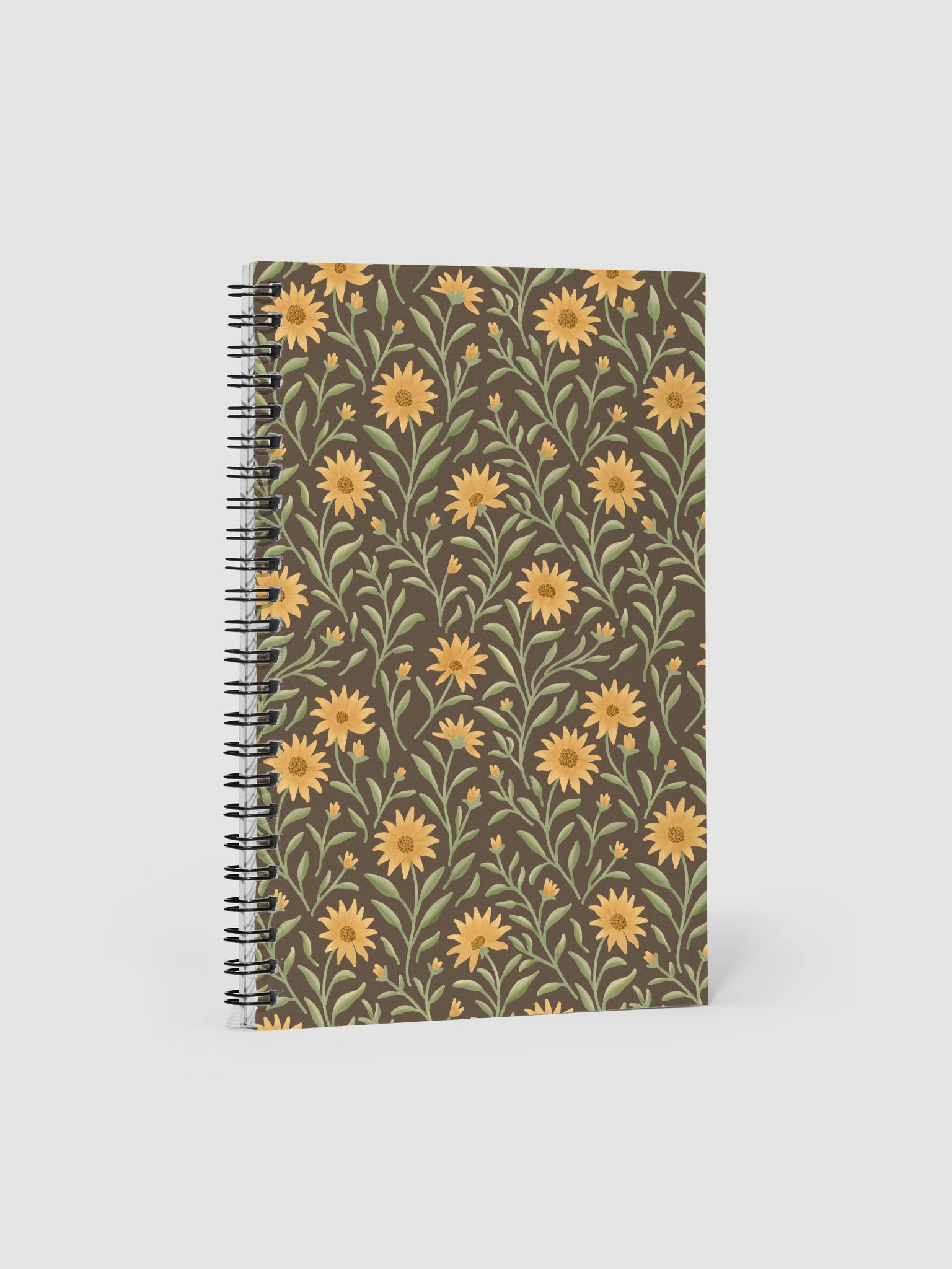 Golden field spiral notebook with floral design on dark background. Elegant botanical journal product image (2)
