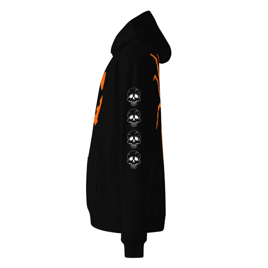 Cozy Halloween Hoodie Featuring Pumpkin Smile, Large Spider on the Back, Bats on One Sleeve, and Skulls on the Other - Perfect for Fall Celebrations and Trick-or-Treating! product image (5)