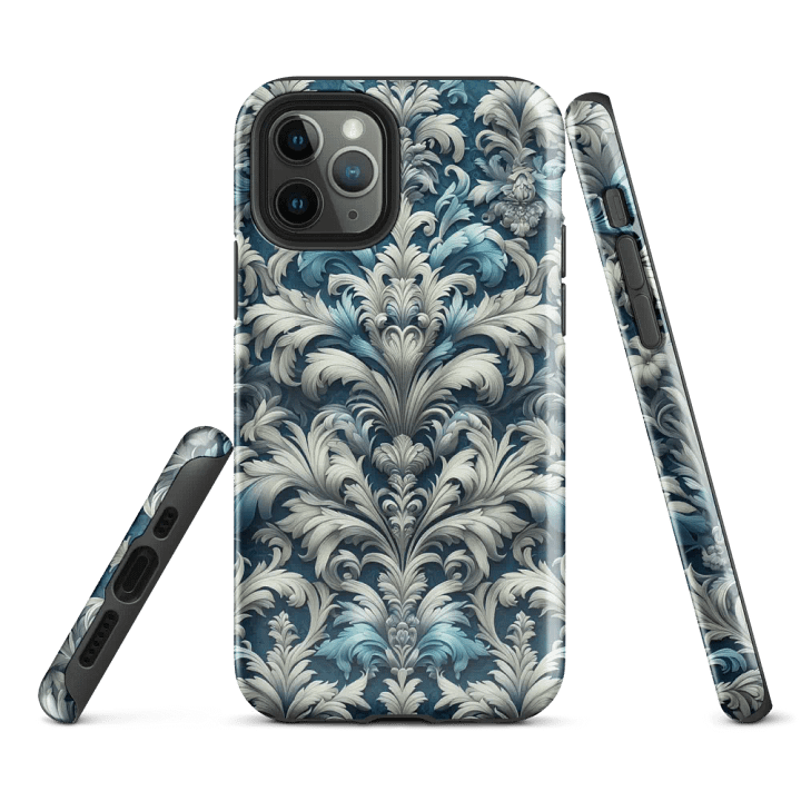 Tough Phone Case for iPhone® - Blue and Silver Rococo Damask Pattern product image (1)