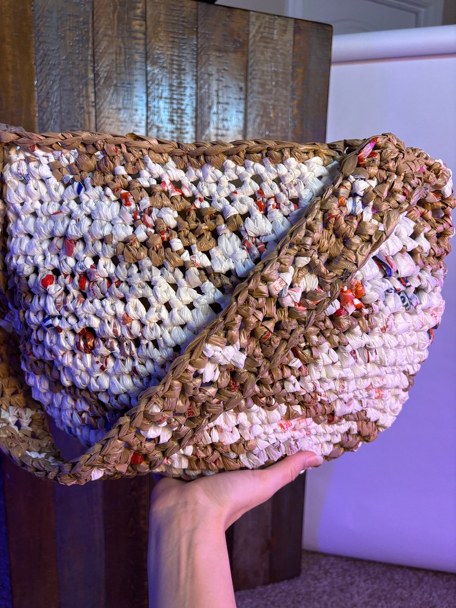Medium Handcrafted Crochet Tote Bag (white and brown with pops of red and blue) product image (3)