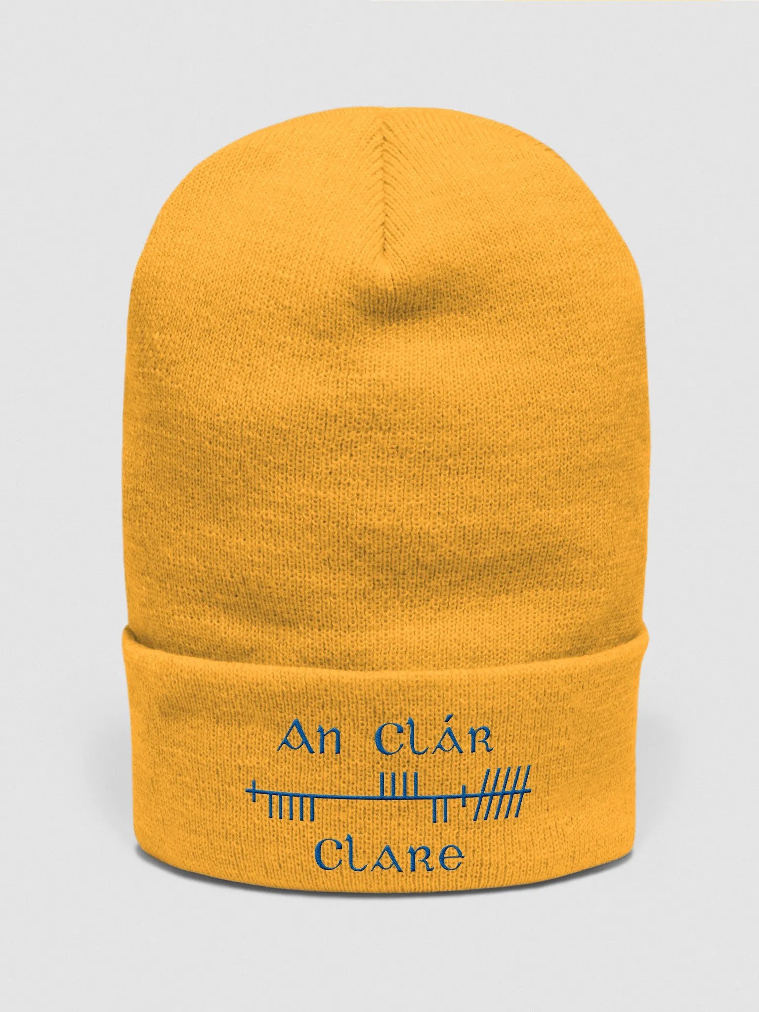 Clare/An Clár, Gold with Blue, Orthodox Style Ogham embroidered Cuffed Beanie product image (1)