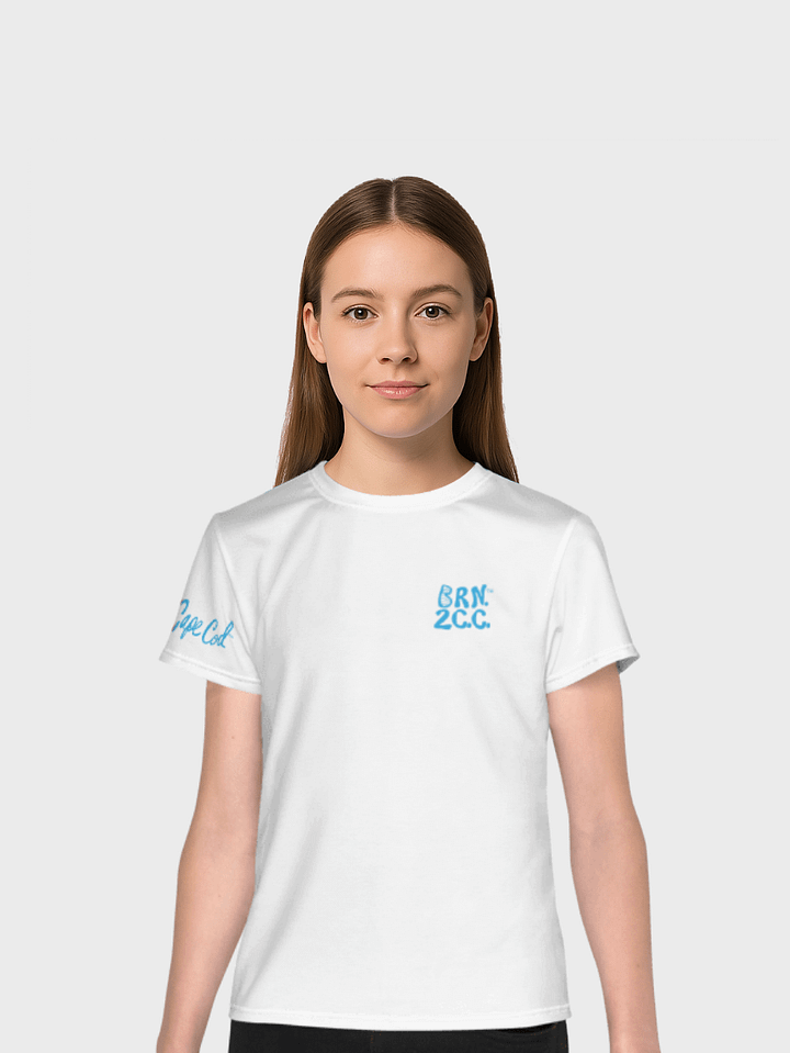 🦩YOUTH | Girls’ | BOURNE to Cape Cod™ | Logo Tee – All-Over Print | BRN.2C.C.™ | Coastal Cutie Vibes 💖| Blue Logo on White product image (1)