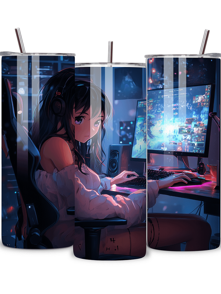 Anime Gamer Girl 20oz Skinny Tumbler with Metal Straw – Vibrant Gaming Setup Design – Double-Walled Insulated Stainless Steel Tumbler Gift for Anime and Gaming Fans (Anime Girl 2) product image (1)