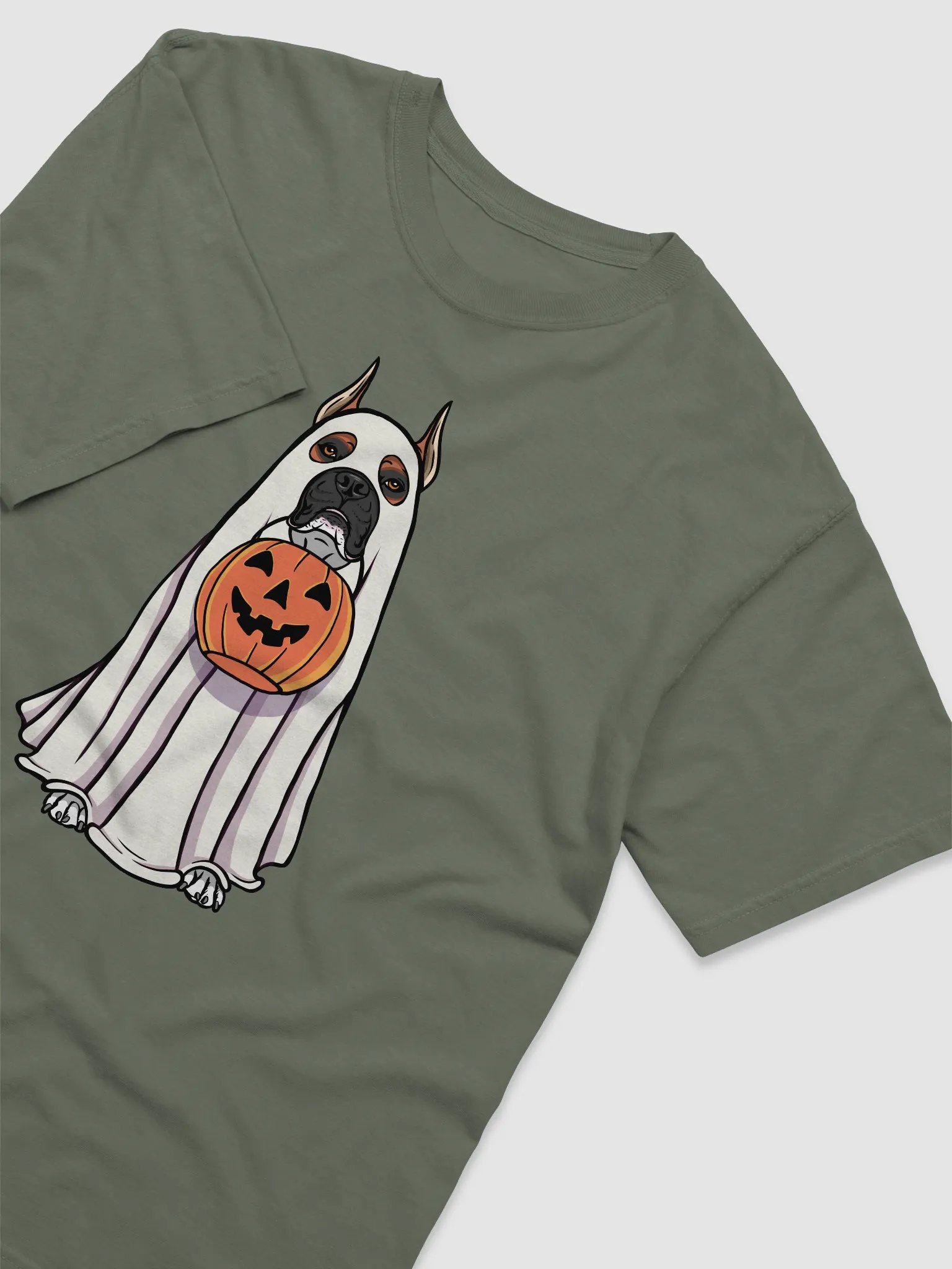 Funny Halloween Boxer Dog(Cropped Ears, Black Mask) T-Shirt | Funny Boxer Wearing a Ghost Costume and Holding a Pumpkin Basket product image (10)
