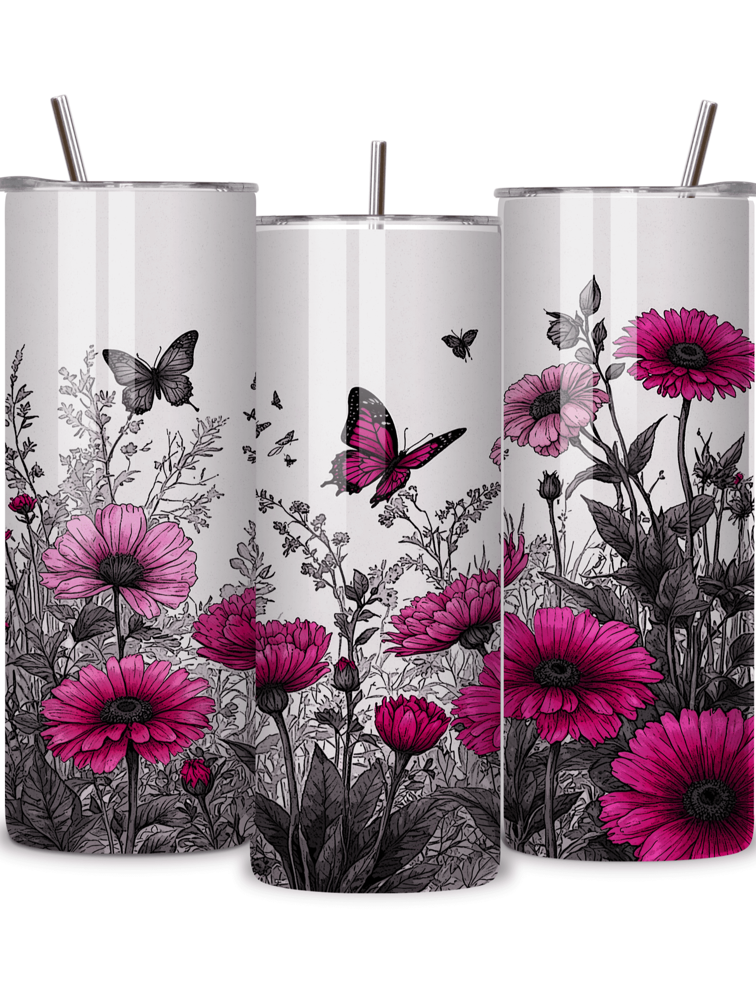 Butterfly & Floral 20oz Skinny Tumbler with Metal Straw – Pink and Black Garden Design with Flowers and Butterflies – Double-Walled Insulated Stainless Steel Tumbler, Gift for Nature Lovers product image (2)