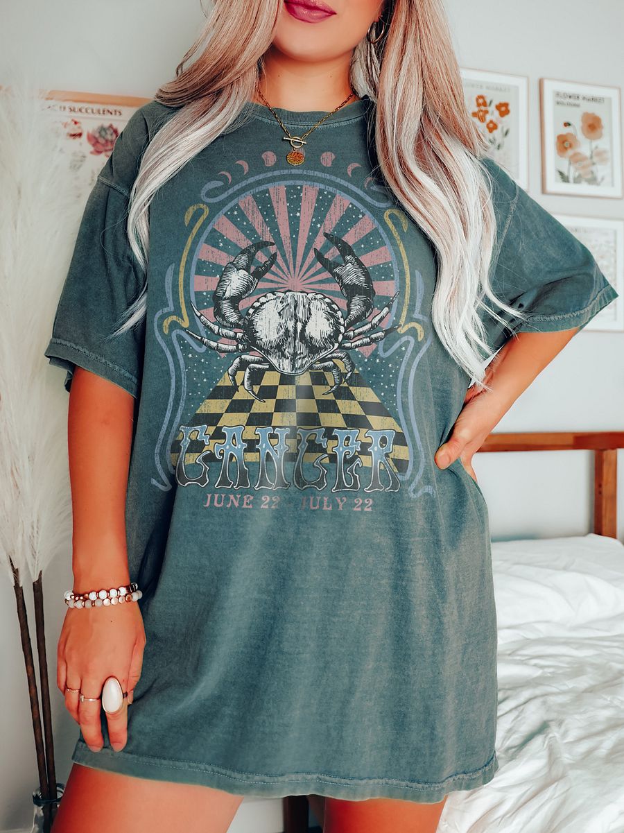 Cancer Zodiac Sign Tee | Art Nouveau-Style Grunge Streetwear T-Shirt for June 21 and July 22 Birth Months product image (11)