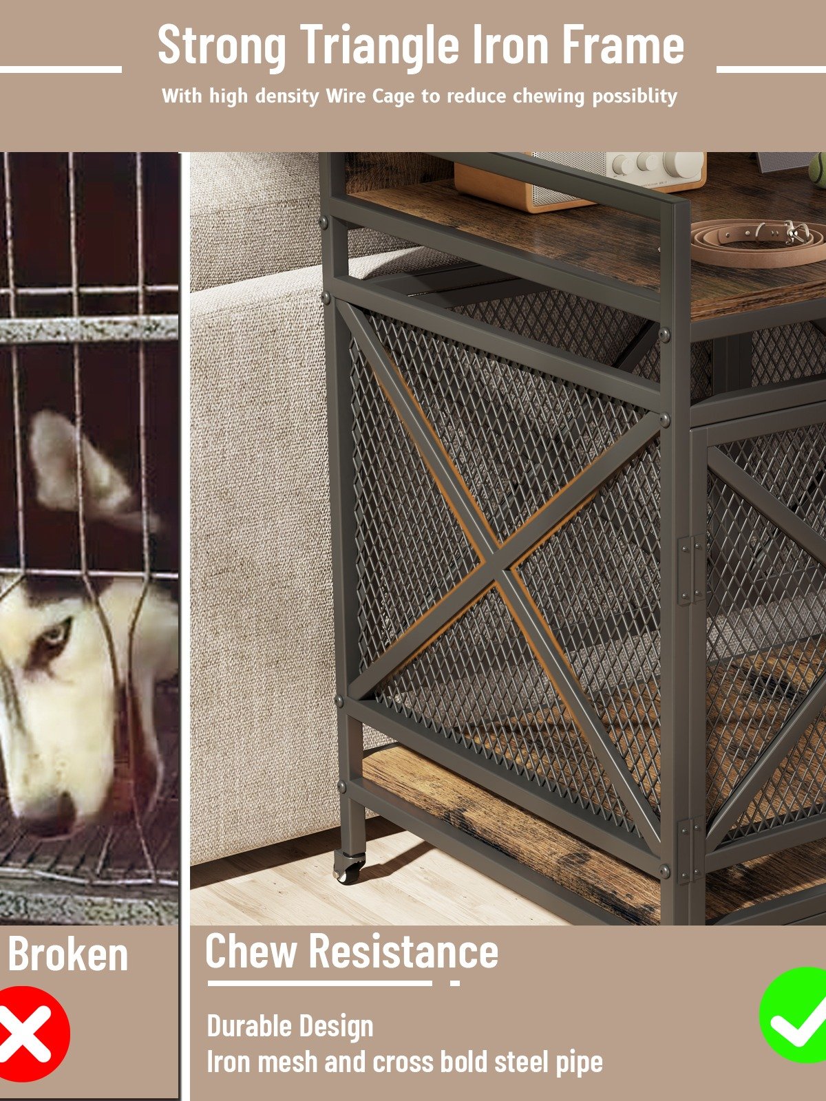 48 inch Dog Crate Furniture for Large Breeds (Up to 90 lb), Wooden & Steel, 360° Casters, Waterproof Top, Steel Lock,Vintage Brown product image (3)