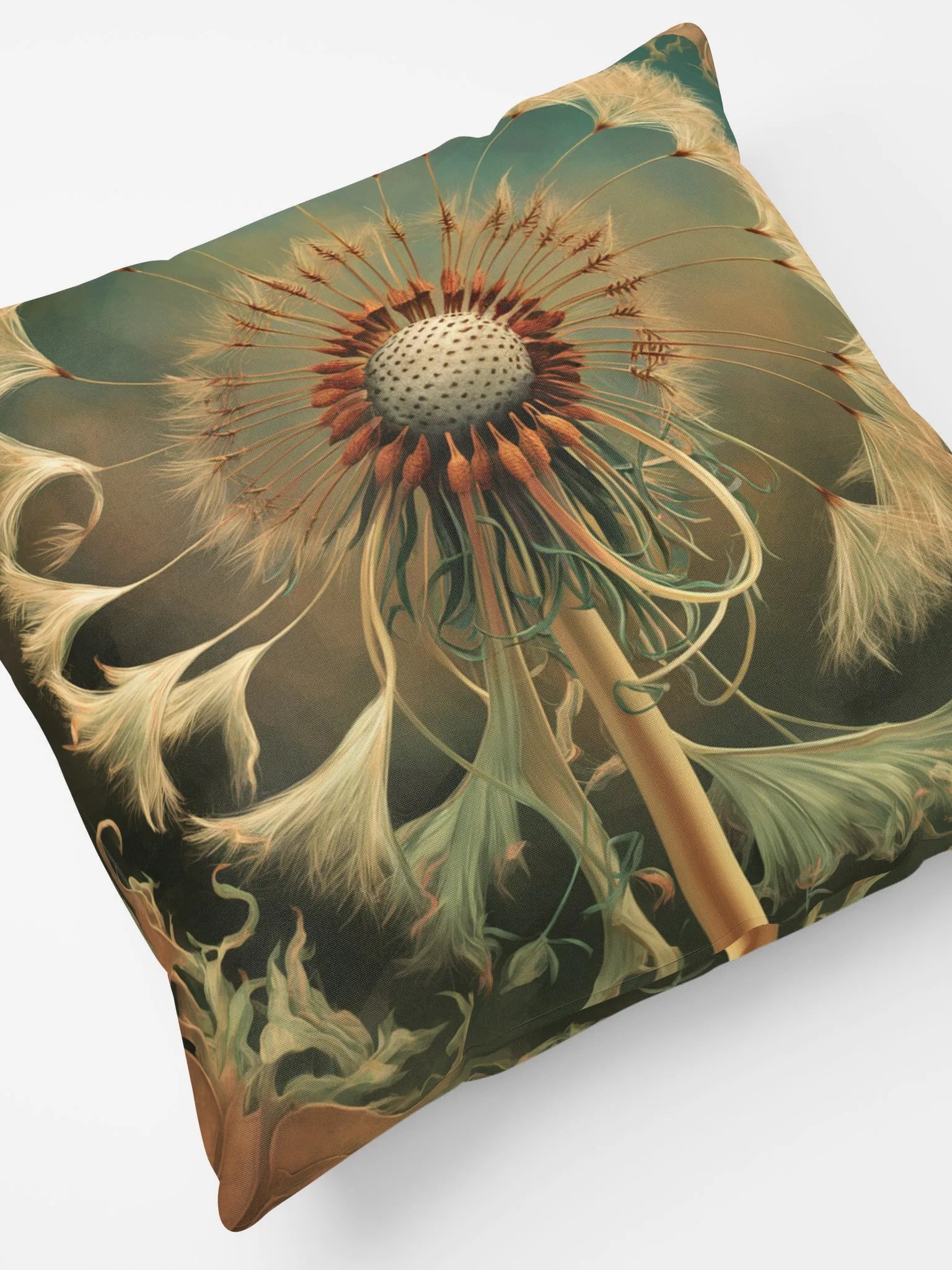 Art Nouveau Stylized Dandelion Seed Head All-Over Print Pillow in Golds and Greens and Browns product image (4)