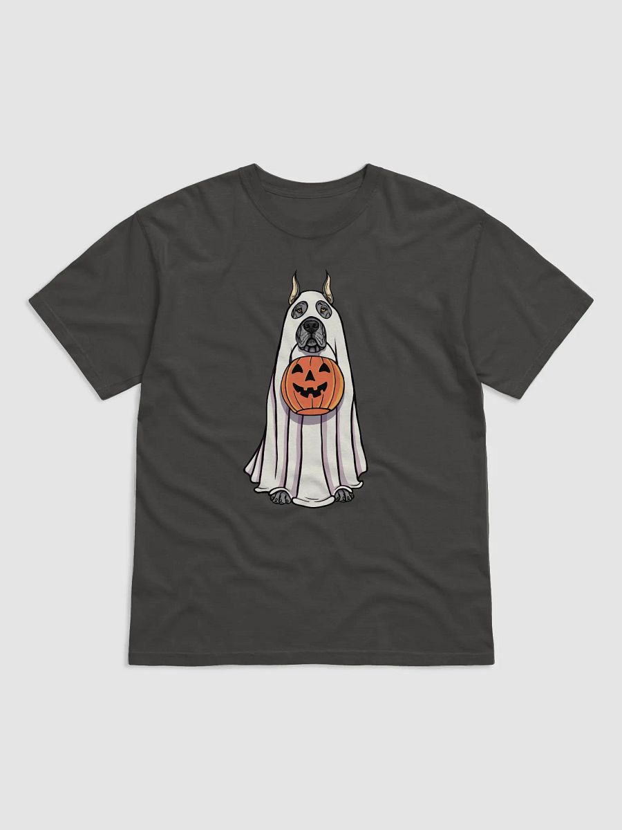 Funny Halloween Great Dane(Cropped Ears, Gray) T-Shirt | Funny Great Dane Wearing a Ghost Costume and Holding a Pumpkin Basket product image (17)