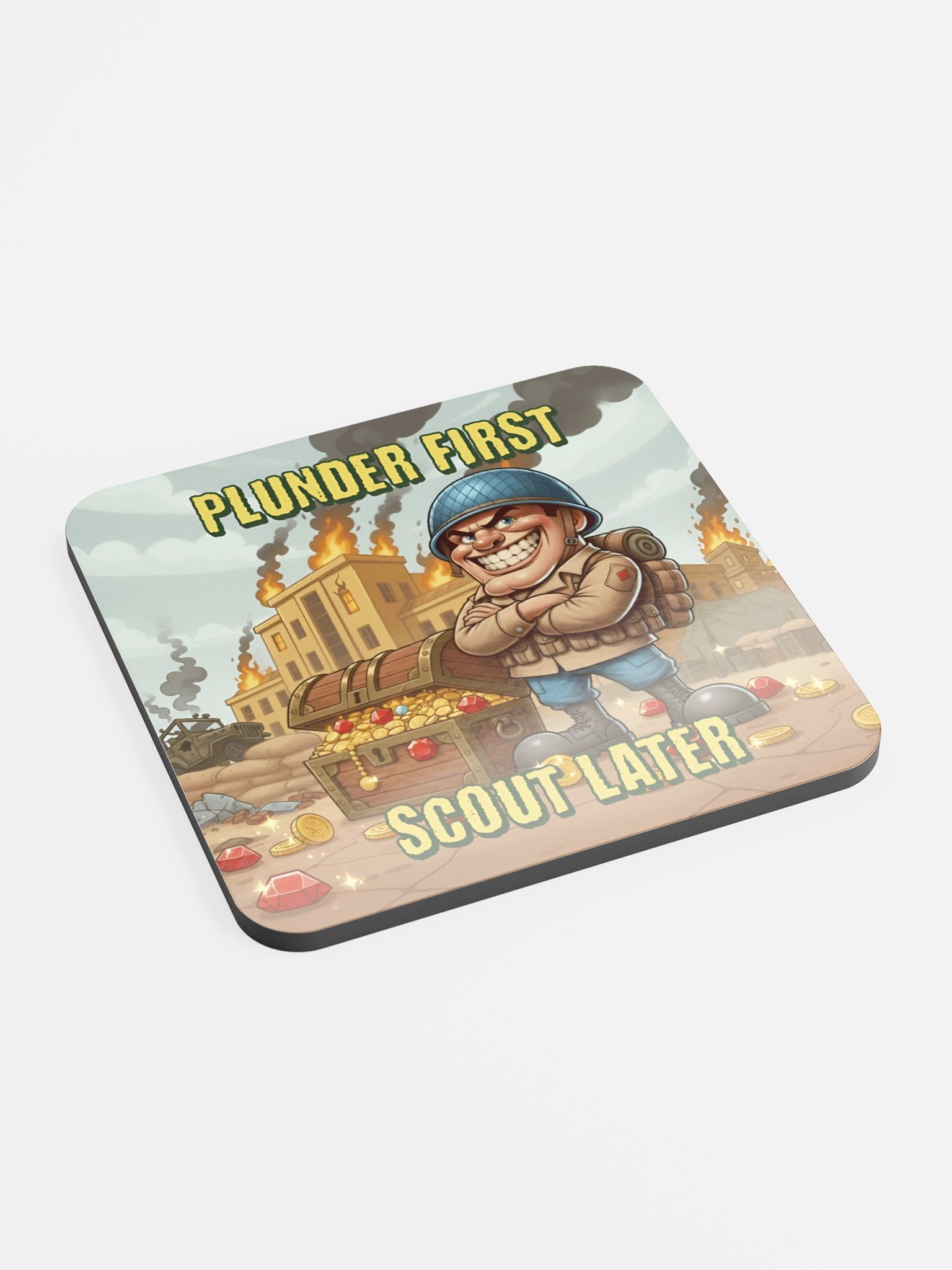 Plunder First, Scout Later — Glossed Cork Gaming Coaster product image (2)