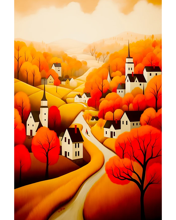 Autumn Season in a Quaint Village with Trees Fall Leaves Illustration Matte Poster product image (1)